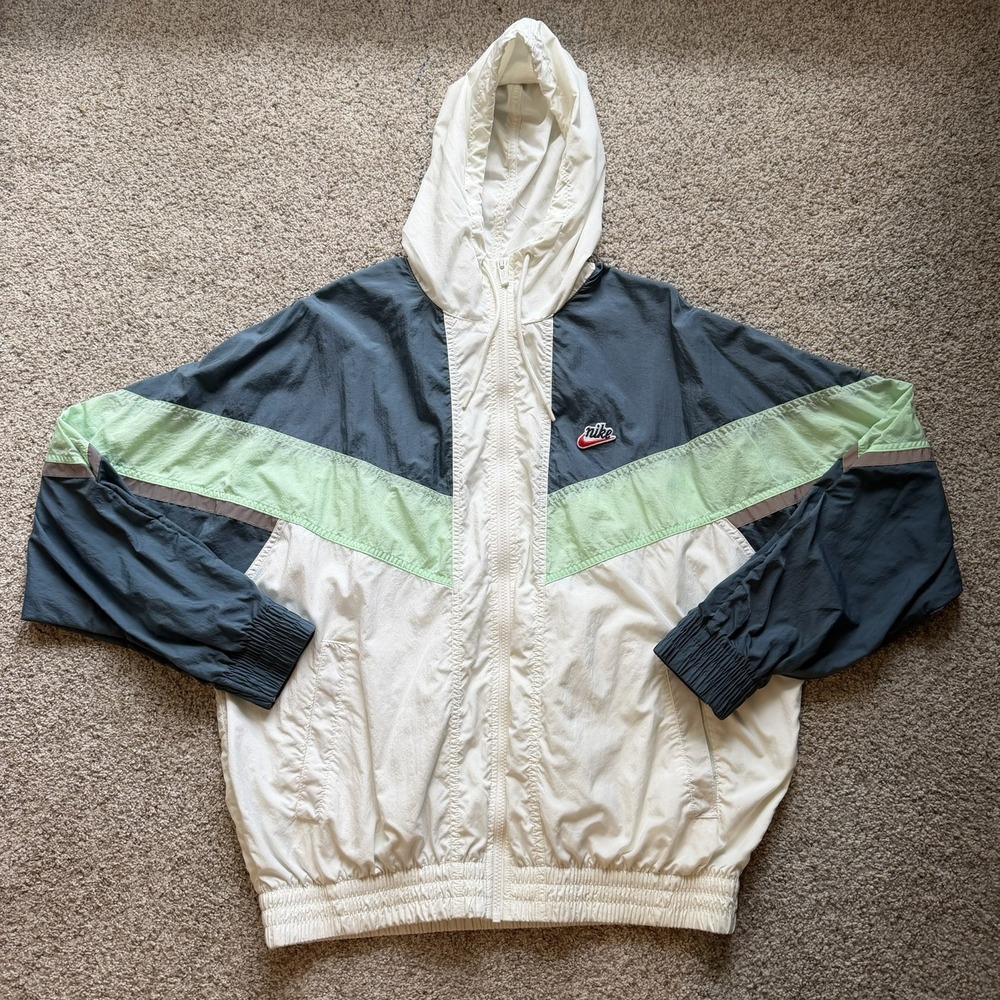 NIKE Windrunner Hood Jacket Full Zip White Green w/‎ Reflective Stripe SZ Large